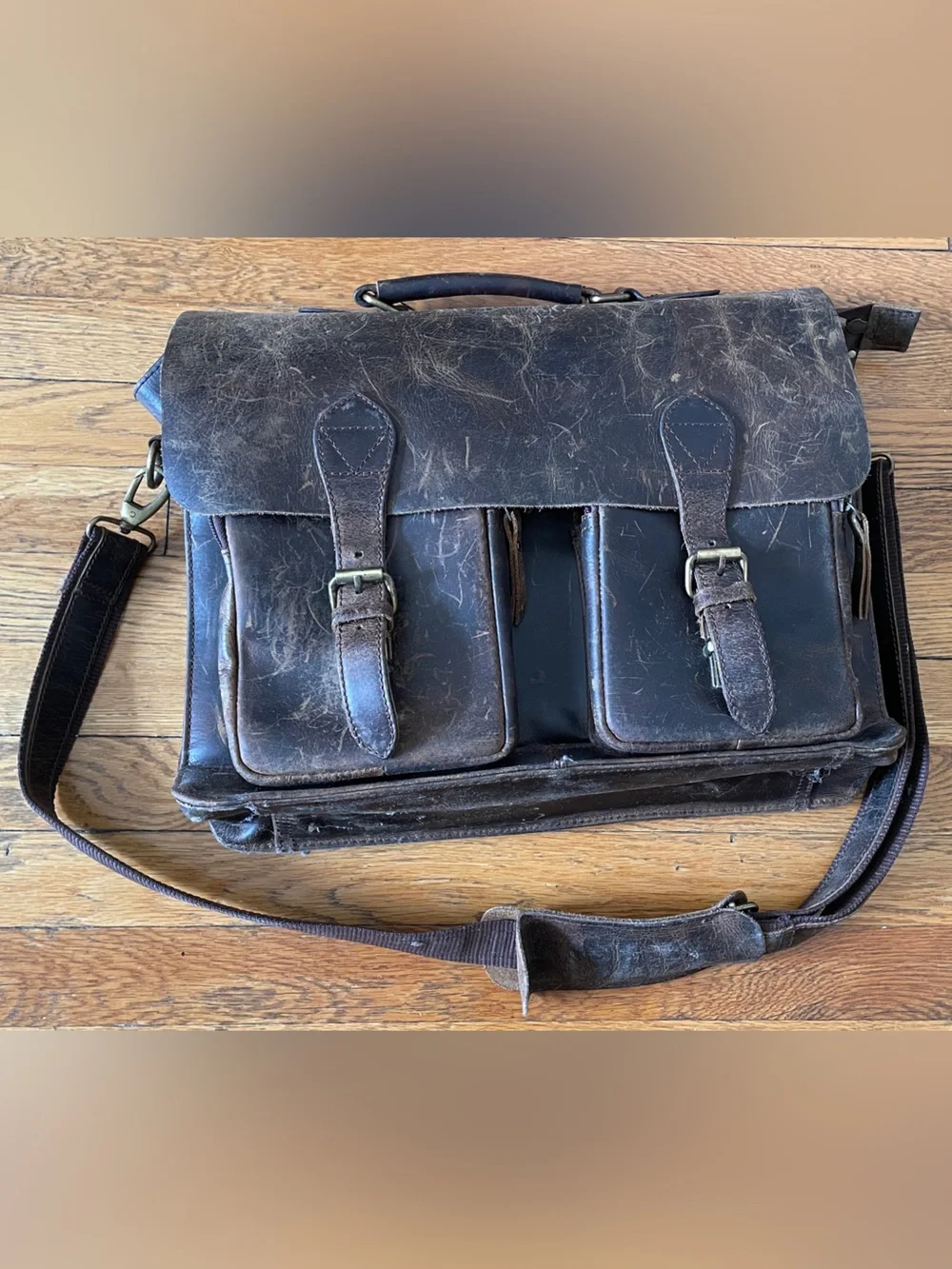 Distressed Brown Leather Messenger Bag with Adjustable Strap